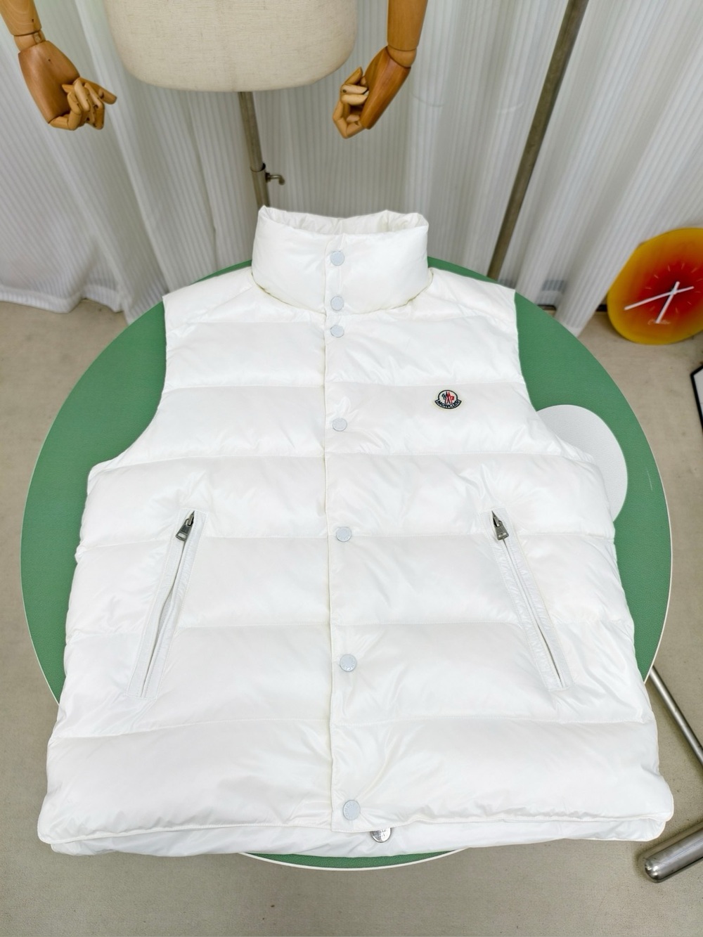 Moncler White Quilted Down Vest with High Collar